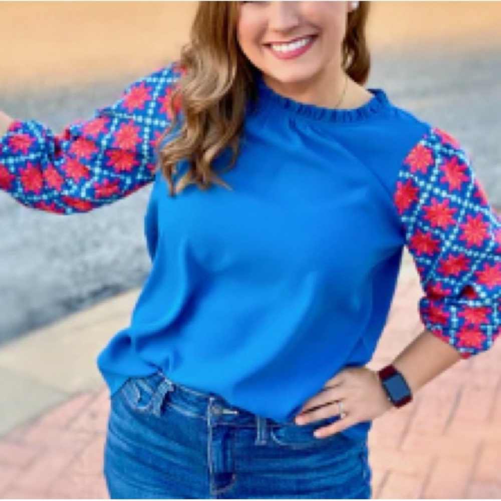 Blue and Pink embroidered sleeve blouse with ruffled collar